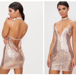 Rose Gold Chain Strap Sequin Plunge Bodycon Dress